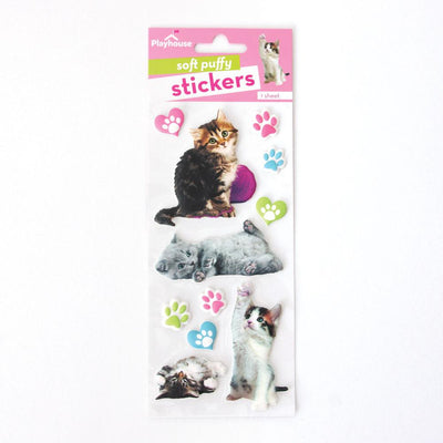 puffy stickers featuring photo real kittens and illustrated paw prints, shown in package on white background.