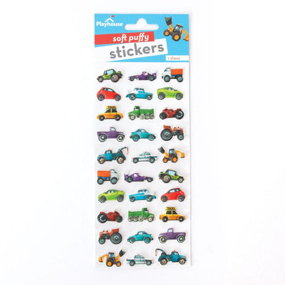 puffy stickers featuring colorful mini cars, shown in package on white background.