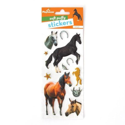 puffy stickers featuring photo real horses, horse shoes and stars, shown in package on white background.
