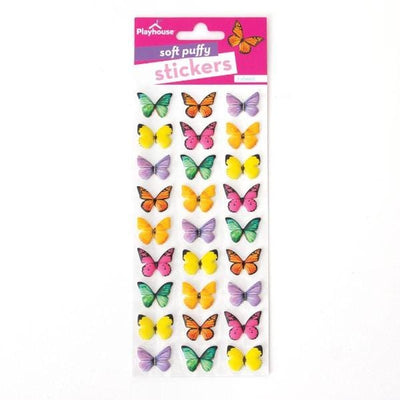 puffy stickers featuring colorful butterflies shown in package on white background.