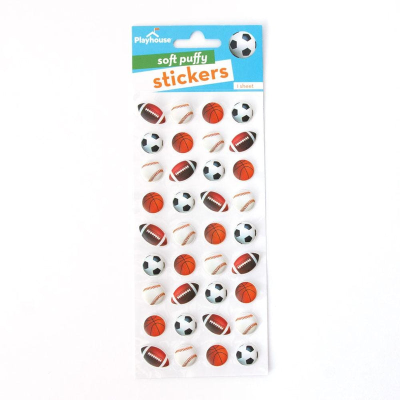 puffy stickers featuring photo real, mini sports balls shown in package on white background.