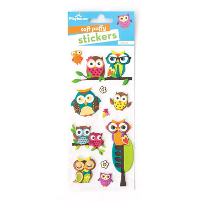 puffy stickers featuring colorful, illustrated owls, shown in package on white background.