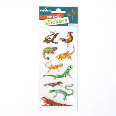puffy stickers featuring photo real lizards shown in package on white background.