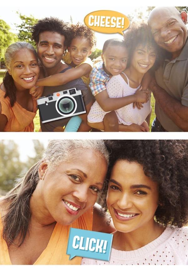 3 puffy stickers featuring a camera, a  "cheese!" and "click" shown applied to 2 photographs featuring groups of people of color.
