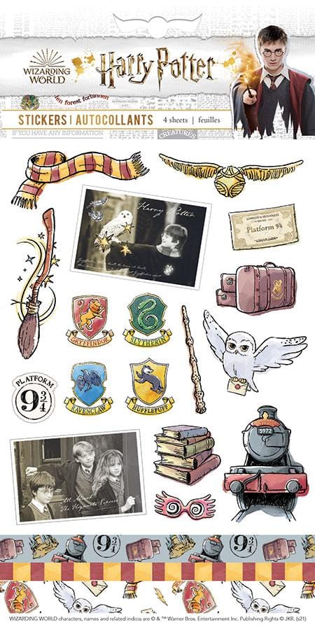 Harry Potter stickers featuring illustrated Hedwig, house crests, golden snitch, shown in package.