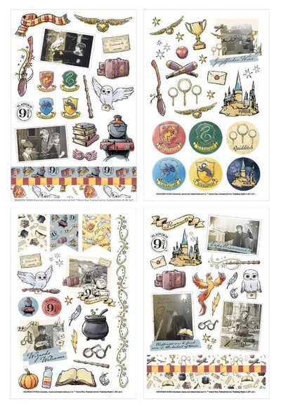 4 sheets of Harry Potter stickers featuring illustrated house crests, hogwarts castle, hedwig, the golden snitch, shown on white background.
