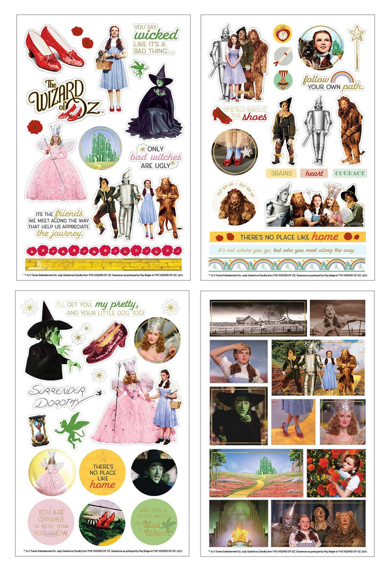 sticker pack featuring Four sheets of Wizard of Oz characters and scenes, shown on white background.