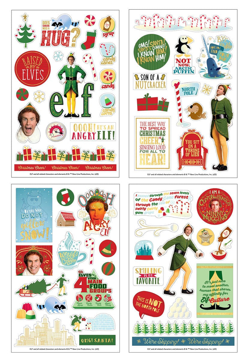 sticker pack featuring 4 sheets of colorful Buddy The Elf stickers, shown on a white background.