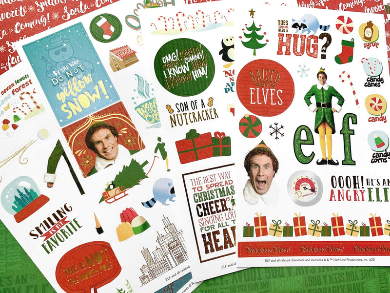 sticker pack featuring close up of 4 sheets of colorful Buddy The Elf stickers, shown scattered on a red and green background.