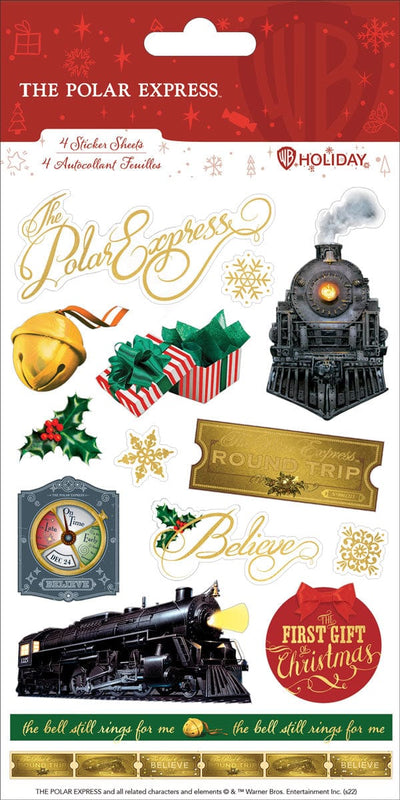sticker pack featuring The Polar Express scenes and titles with gold details, shown in packaging.