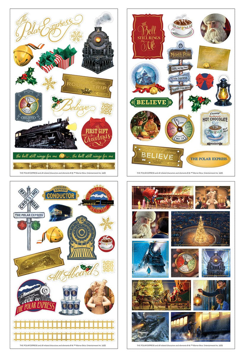 sticker pack featuring 4 sheets of stickers featuring scenes and quotes from The Polar Express, shown on a white background.