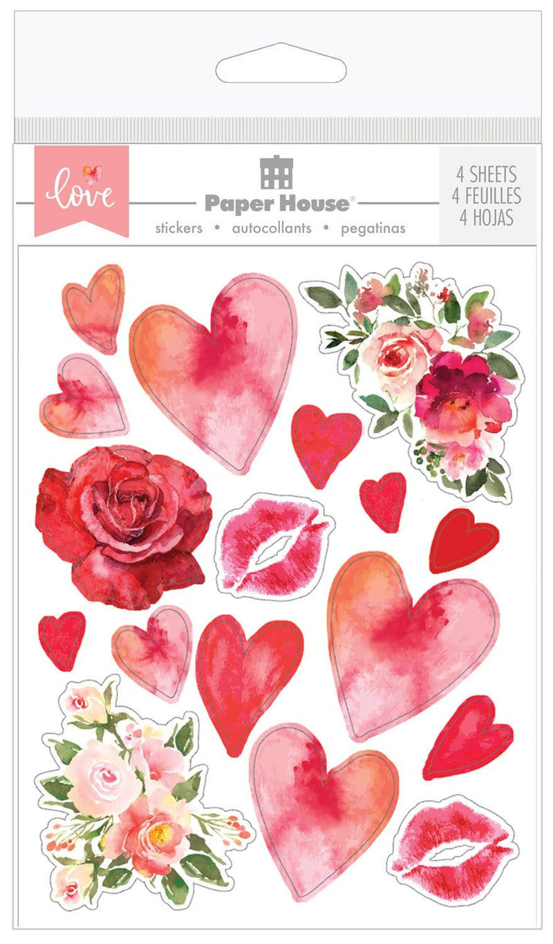 sticker pack shown in packaging featuring red and pink flowers, hearts and lips