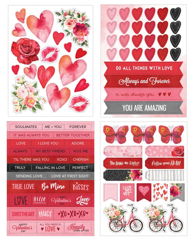 sticker pack shown as four sheets in this image featuring red and pink flowers, hearts, butterflies and sentiments of love.