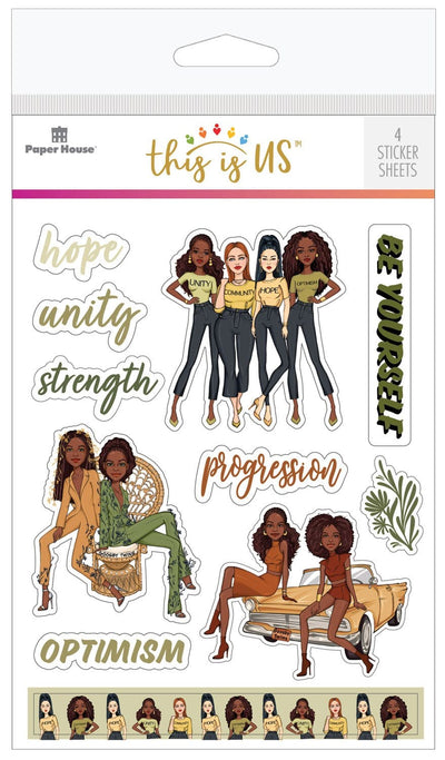 sticker pack shown in packaging featuring a diverse group of illustrated women and optimistic sentiments.