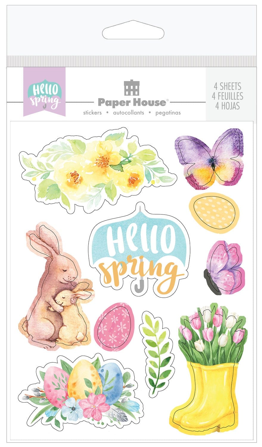 This sticker pack features a sheet of spring themed, pastel-colored, stickers shown in packaging.