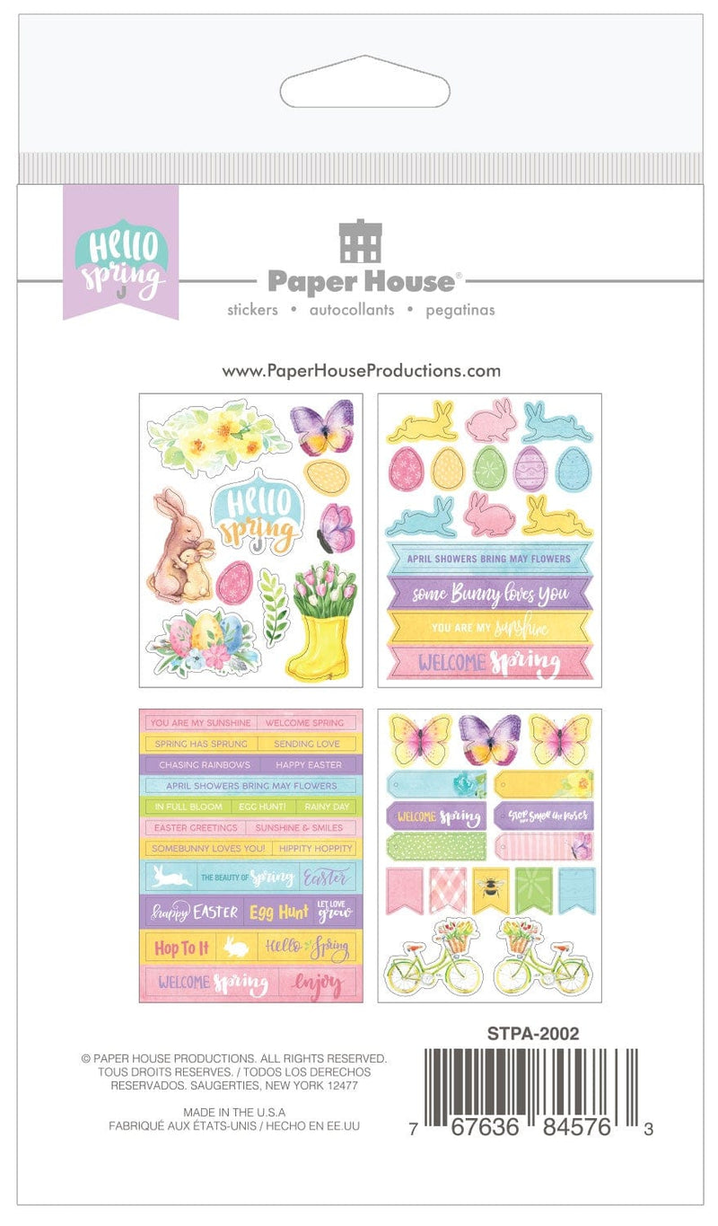 Four sheets of spring themed, pastel colored stickers are shown on back of this sticker pack package.