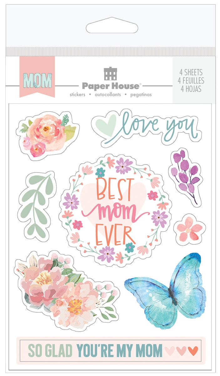 sticker pack featuring illustrated pastel florals, butterflies and words of love shown in package on white background.