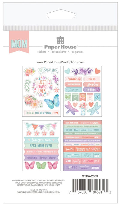 sticker pack package-back featuring pastel illustrated florals, butterflies and words of love, shown on white background.