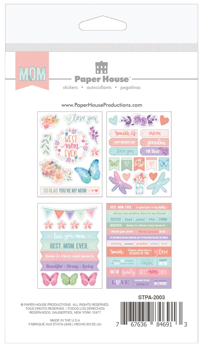 sticker pack package-back featuring pastel illustrated florals, butterflies and words of love, shown on white background.