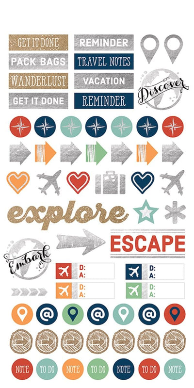 planner stickers featuring travel themed sentients and icons