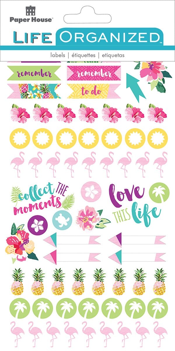 planner stickers featuring tropical themes shown in packaging