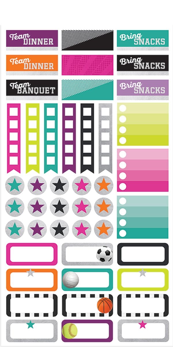planner sticker sheet featuring sports
