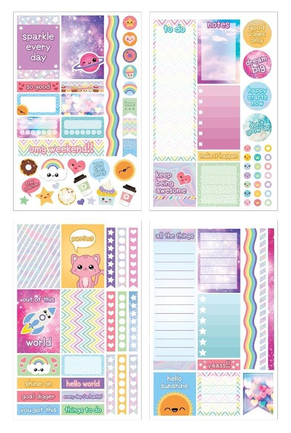 Four sheets of planner stickers featuring kawaii themed imagery are shown on white background.