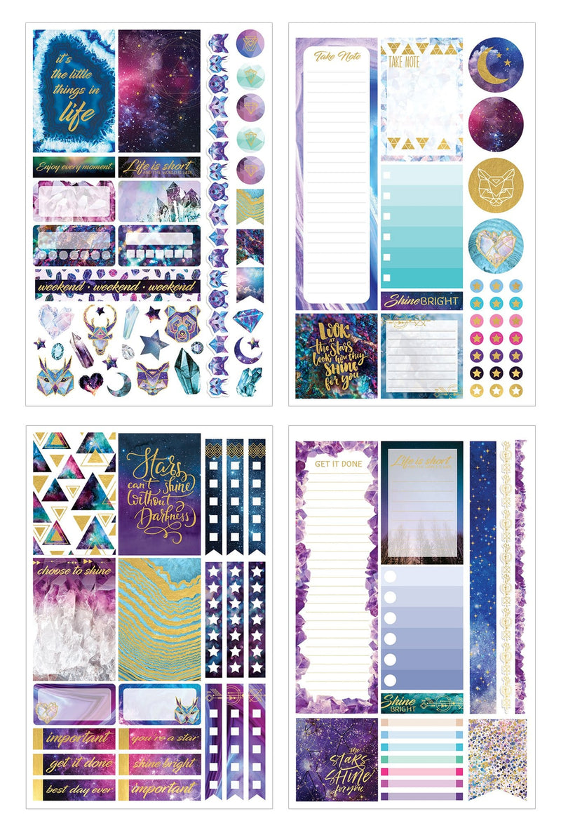 Four sheets of planner stickers featuring stargazer theme shown on white background.