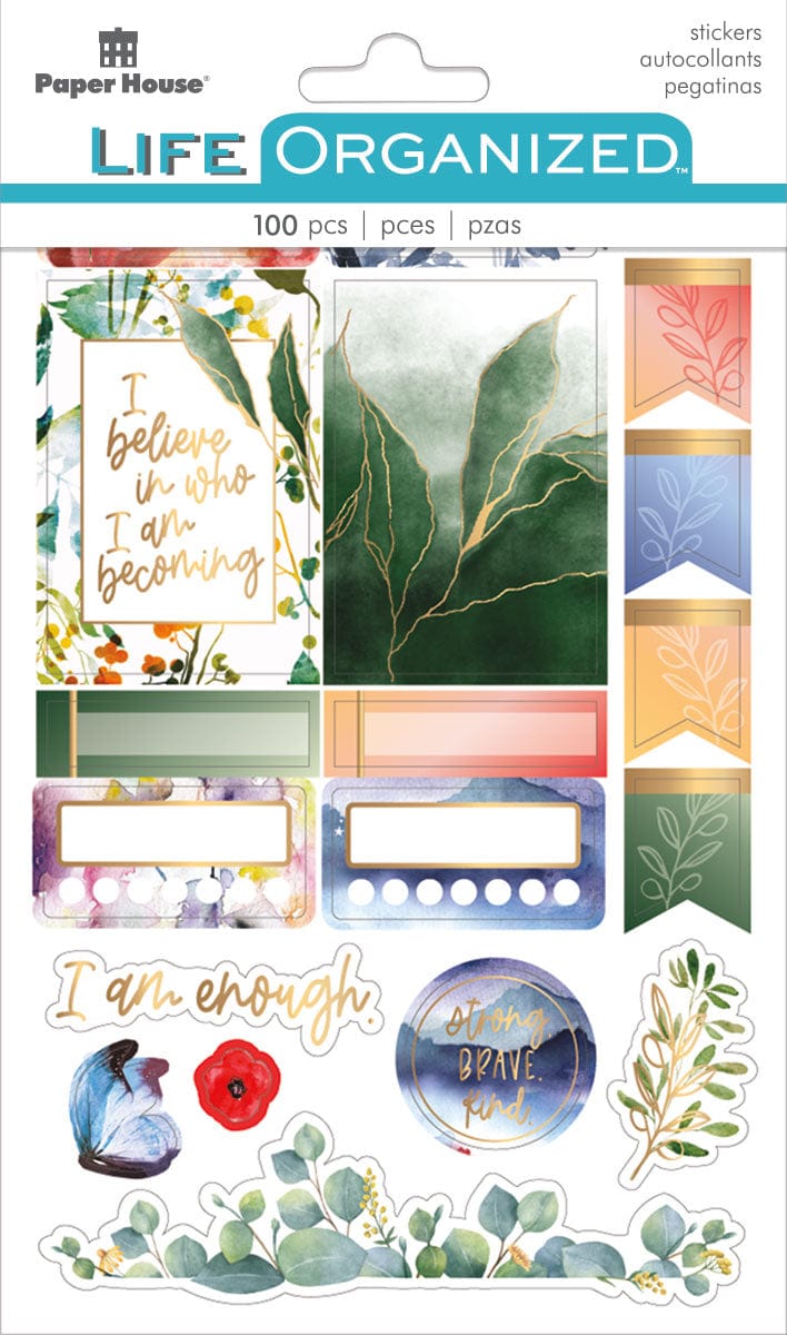 planner stickers featuring watercolor leaves and patterns with inspirational sayings shown in package.