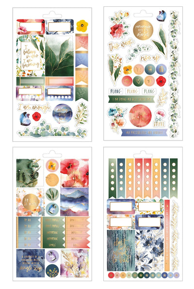 planner stickers featuring 4 sheets of watercolor leaves, flowers and inspirational sayings with gold details, shown on white background.