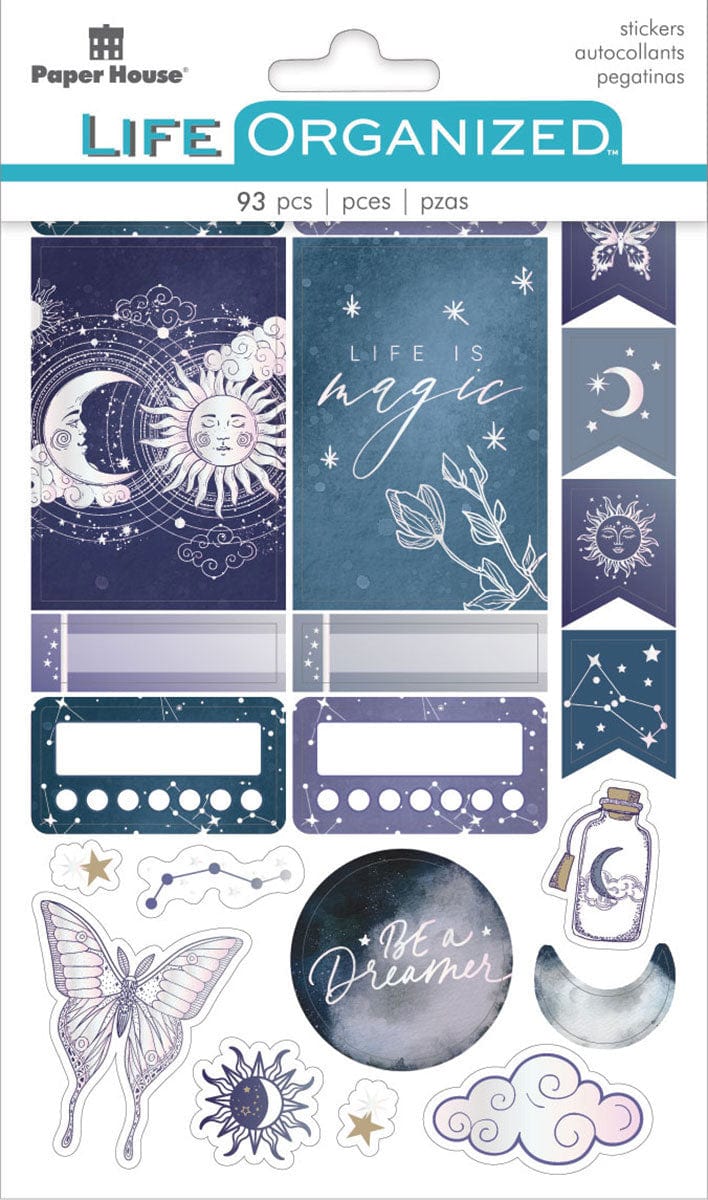 planner stickers featuring illustrations of the sun and moon in shades of blue with inspirational sayings, shown in package.