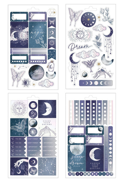 planner stickers featuring 4 sheets of the sun and moon illustrations with inspirational sayings in shades of blue, shown on white background.