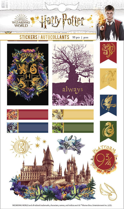 Harry Potter planner stickers featuring illustrations of Hogwarts and crests with gold details, shown in package.