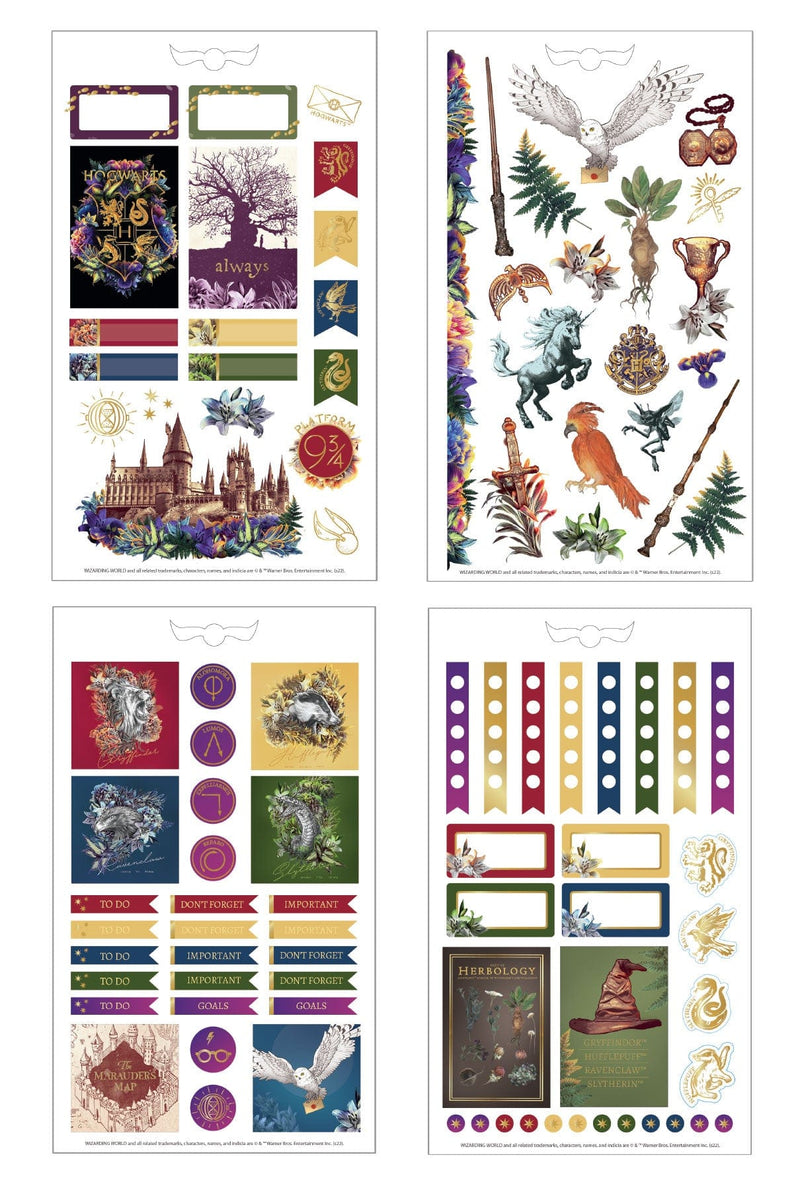 Harry Potter planner stickers featuring 4 sheets of stickers featuring colorful illustrated images of Hogwarts, crests and icons with gold details, shown on white background.