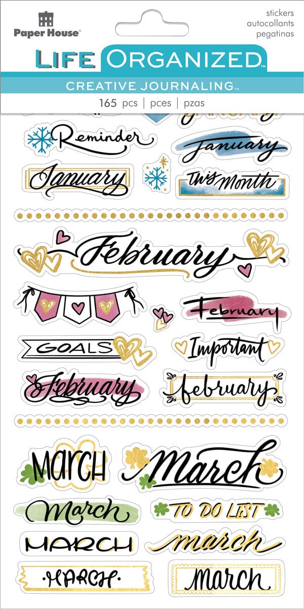 planner stickers featuring January, February and March in colorful script lettering with gold details, shown in package.