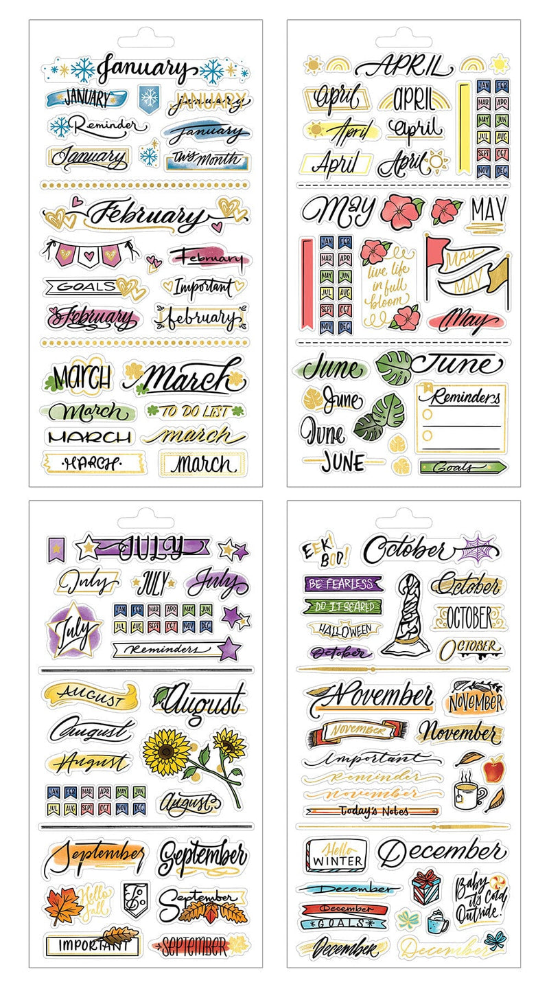 planner stickers featuring 4 sheets of stickers with the days of the month in colorful script with illustrated florals, shown on white background.