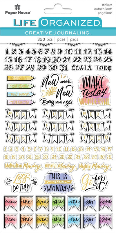 planner stickers featuring numbers, days of the week with watercolor and gold accents, shown in package. 