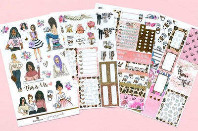 four sheets of be-you-tiful weekly kit planner stickers shown fanned out on a pink background.