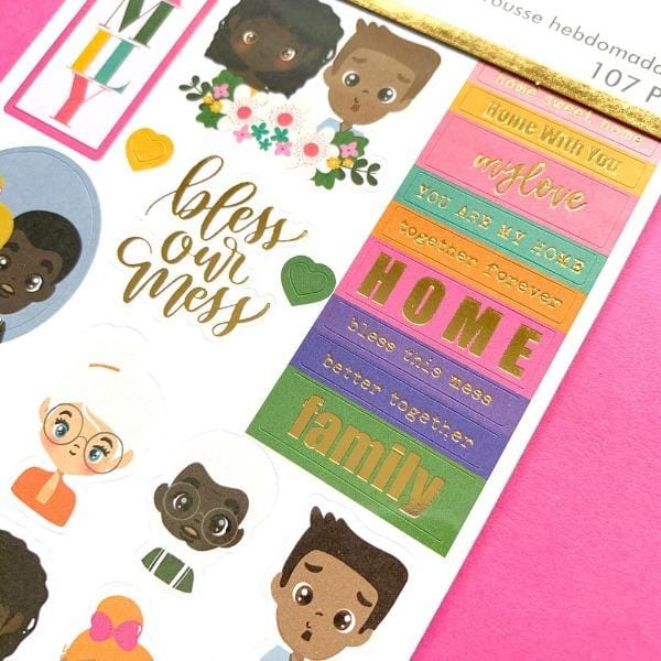 family is love weekly kit planner stickers shown on a pink background.