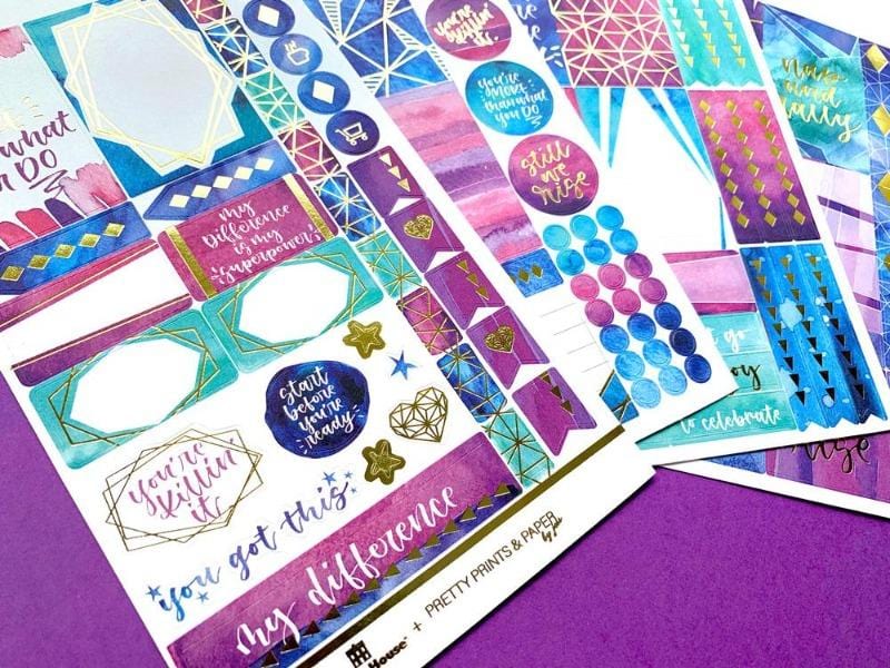 empowerment weekly kit planner stickers shown on purple background