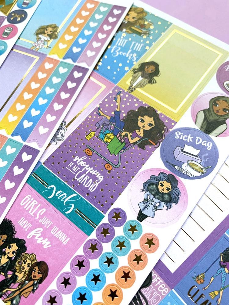 planner stickers featuring planner girl shown on purple background