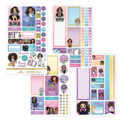 four planner sticker sheets featuring planner girl shown on white background