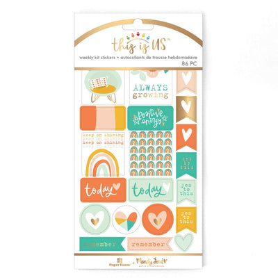 planner stickers featuring teal, orange and gold illustrations of hearts, tags and rainbows with inspirational sentiments and gold details, shown in package.
