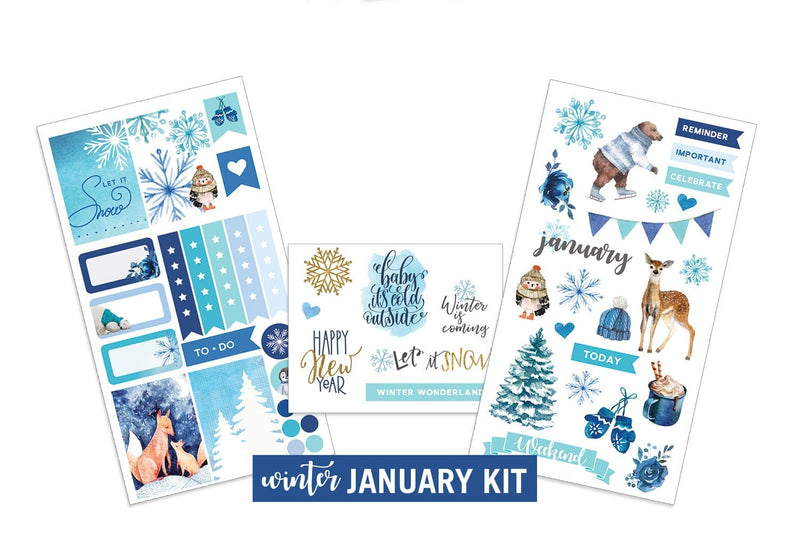 Three planner sticker sheets featuring January winter themes shown on white background.