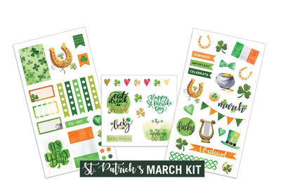 Three sheets of planner stickers featuring March St. Patricks Day on white background.