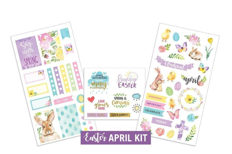 Three sheets of planner stickers featuring April and Easter shown on a white background.