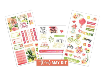 Three sheets of planner stickers featuring May florals on a white background.