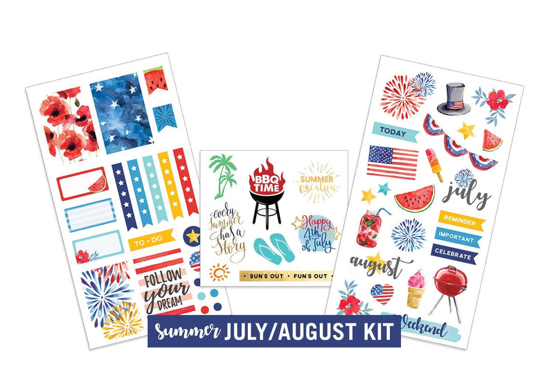Three sheets of planner stickers featuring summer themes are shown on a white background.