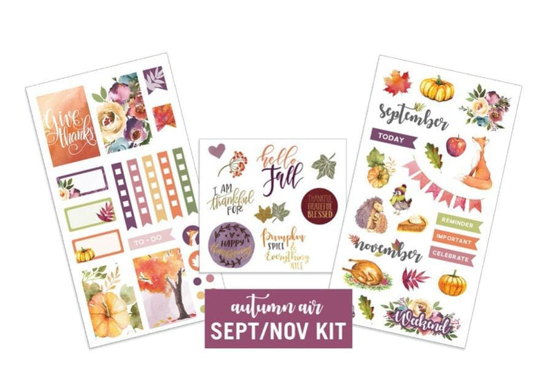 3 sheets of planner stickers are shown featuring autumn colors and imagery shown on white background.