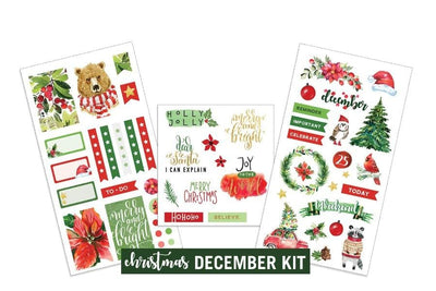three sheets of planner stickers featuring christmas are shown on white background.
